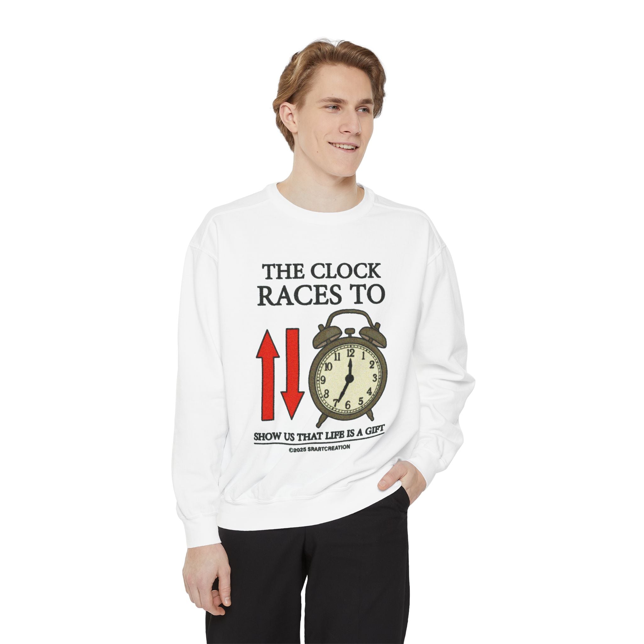 Vintage Alarm Clock Sweatshirt — "The Clock Races To" Inspirational Crewneck
