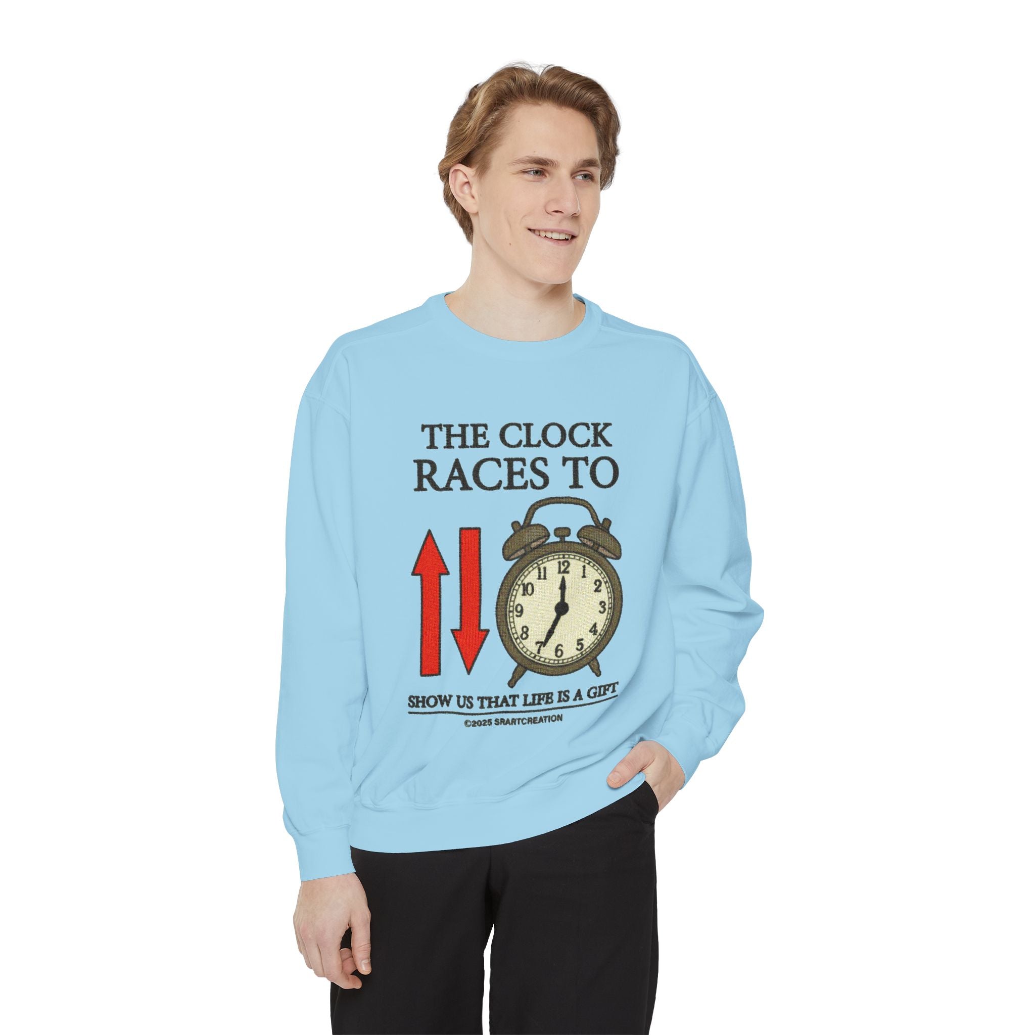 Vintage Alarm Clock Sweatshirt — "The Clock Races To" Inspirational Crewneck