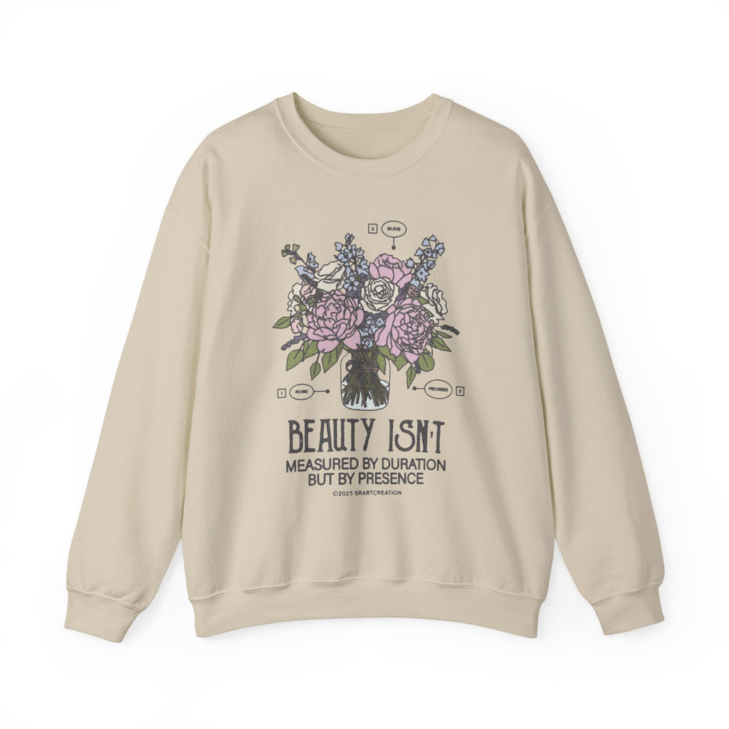 Crewneck Sweatshirt — “Beauty Isn’t Measured by Duration but by Presence” Floral Skull Design