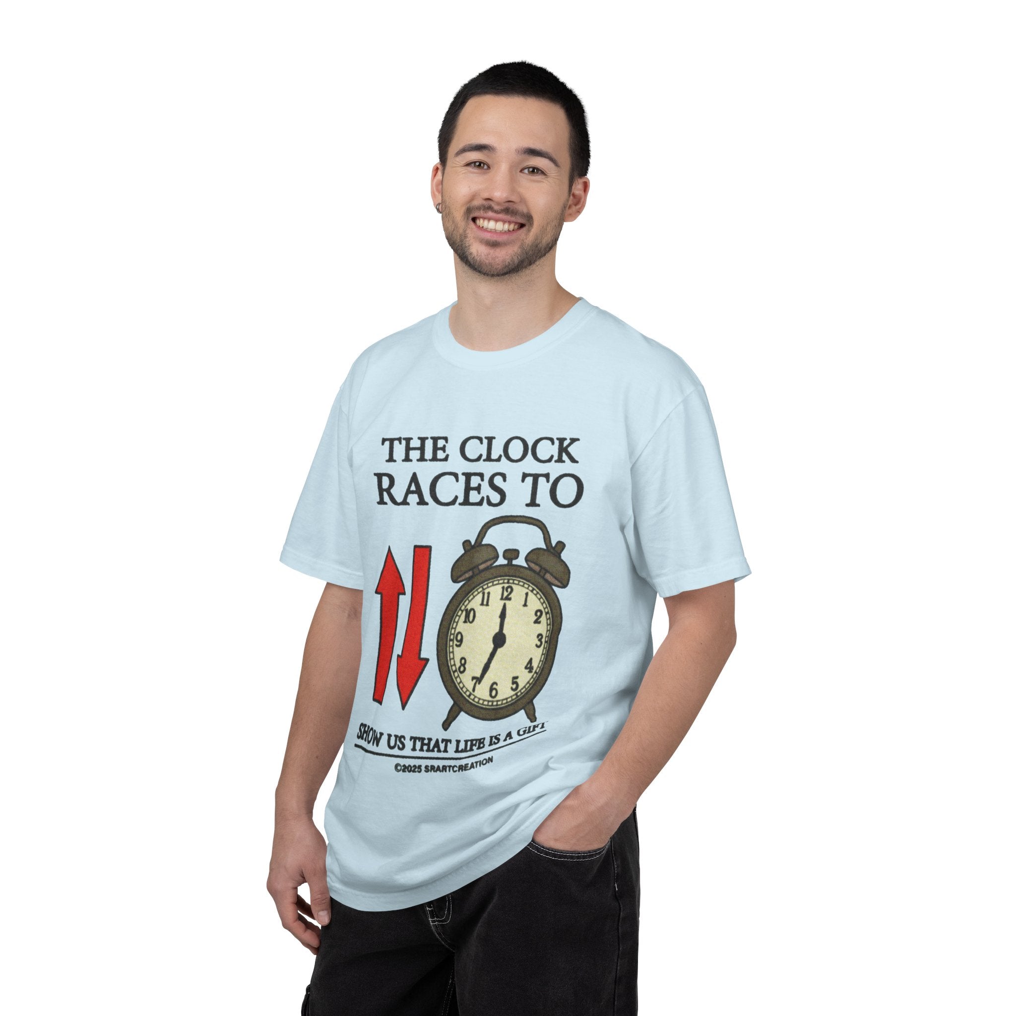 The Clock Races To T-Shirt — "Show Us That Life Is A Gift" Vintage Alarm Clock Tee