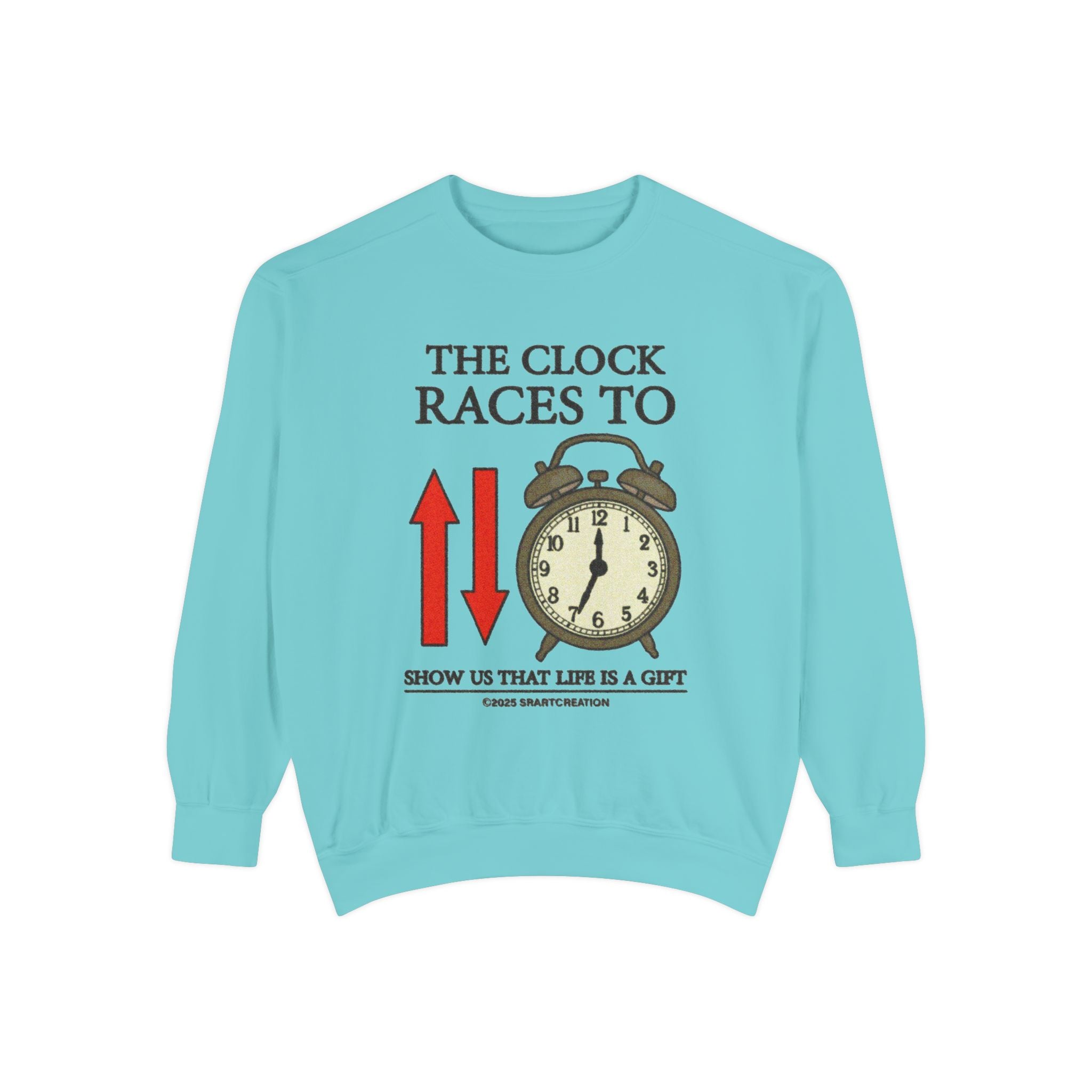 Vintage Alarm Clock Sweatshirt — "The Clock Races To" Inspirational Crewneck