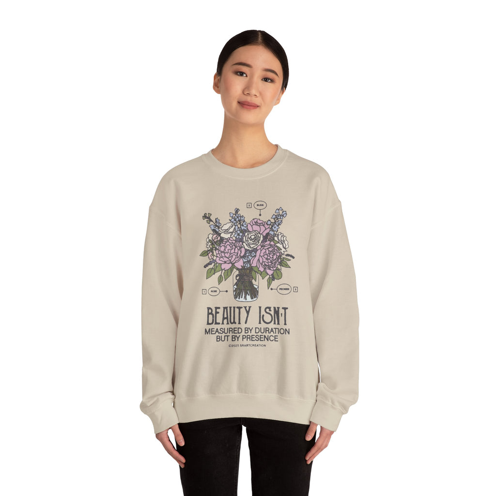 Crewneck Sweatshirt — “Beauty Isn’t Measured by Duration but by Presence” Floral Skull Design